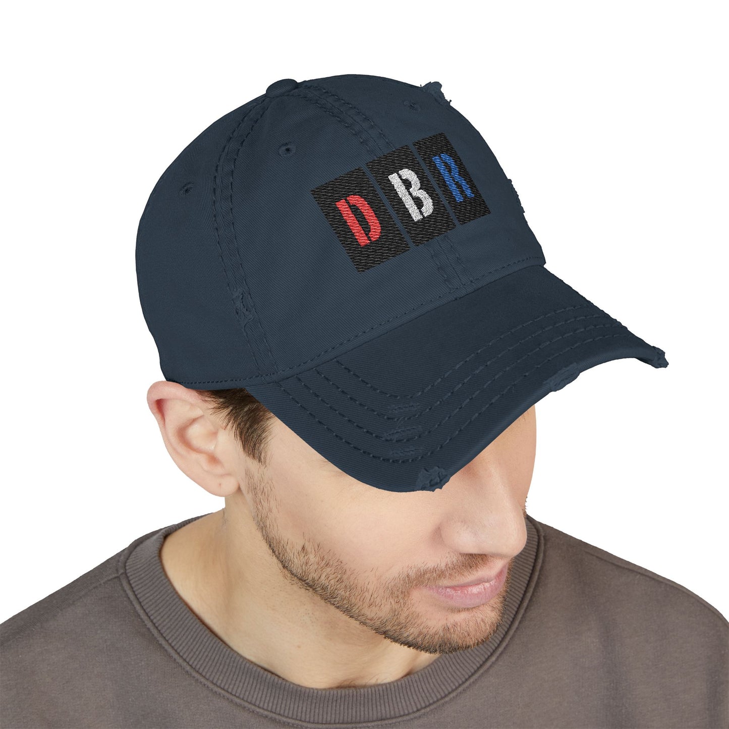 Stylish Distressed Hat with Embroidered DBR Design