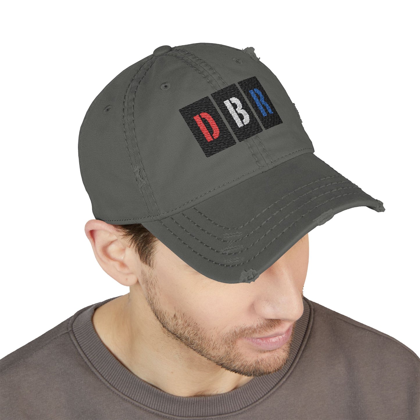 Stylish Distressed Hat with Embroidered DBR Design