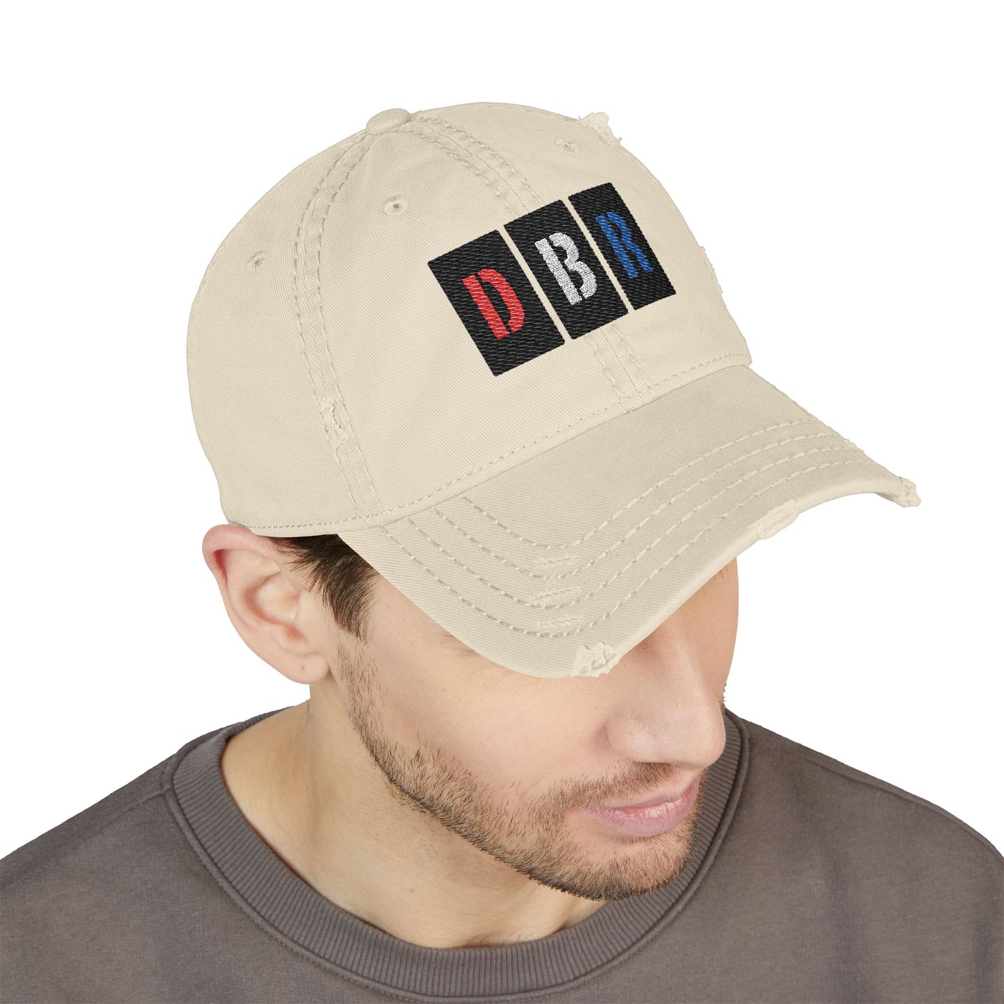 Stylish Distressed Hat with Embroidered DBR Design