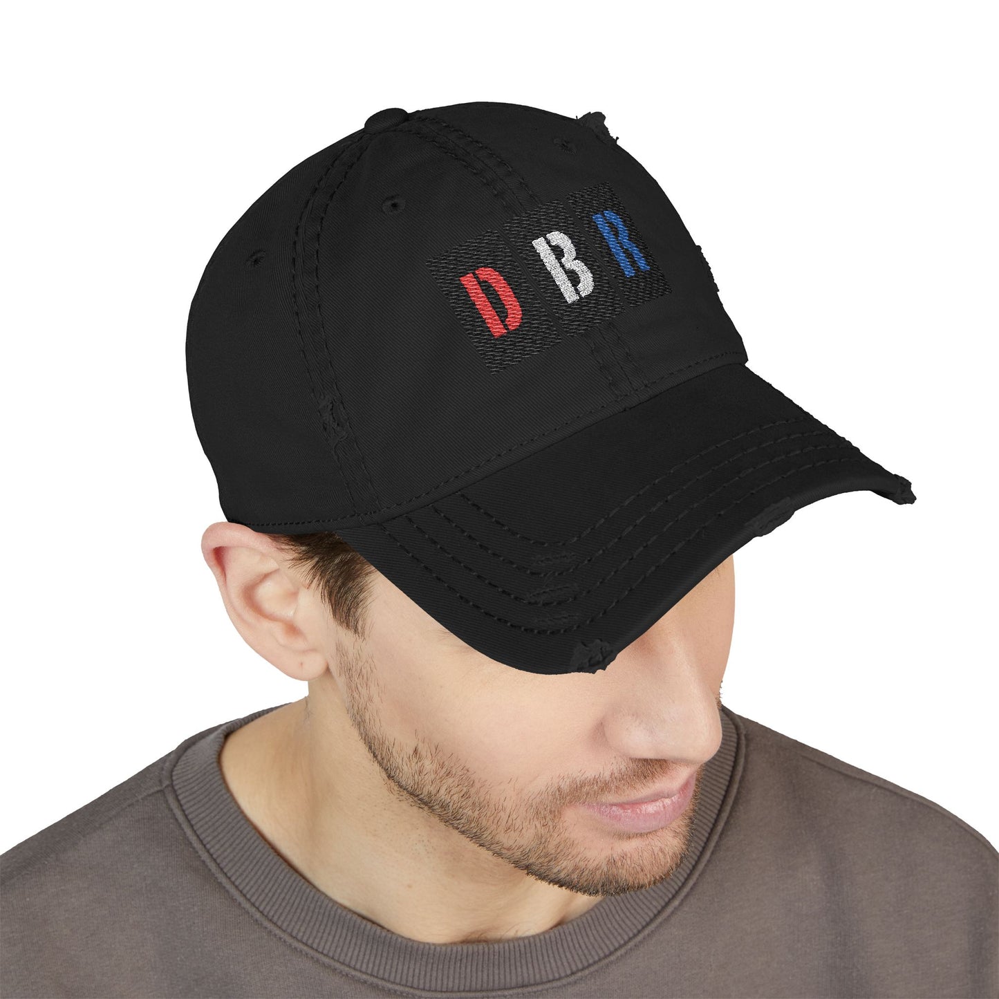 Stylish Distressed Hat with Embroidered DBR Design